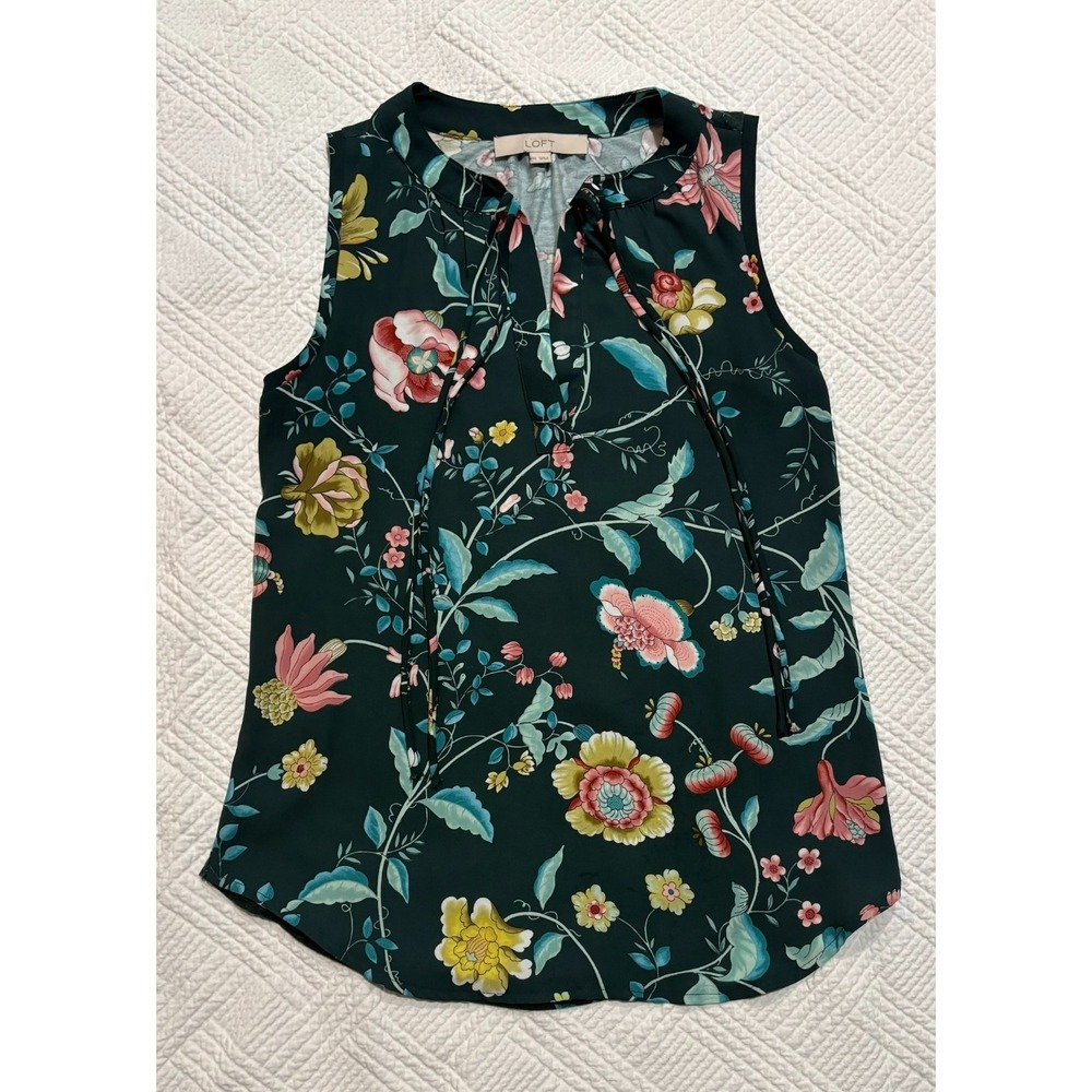 Loft Women's Sleeveless Floral Green Top Size XS Summer Classic V Neck Tie